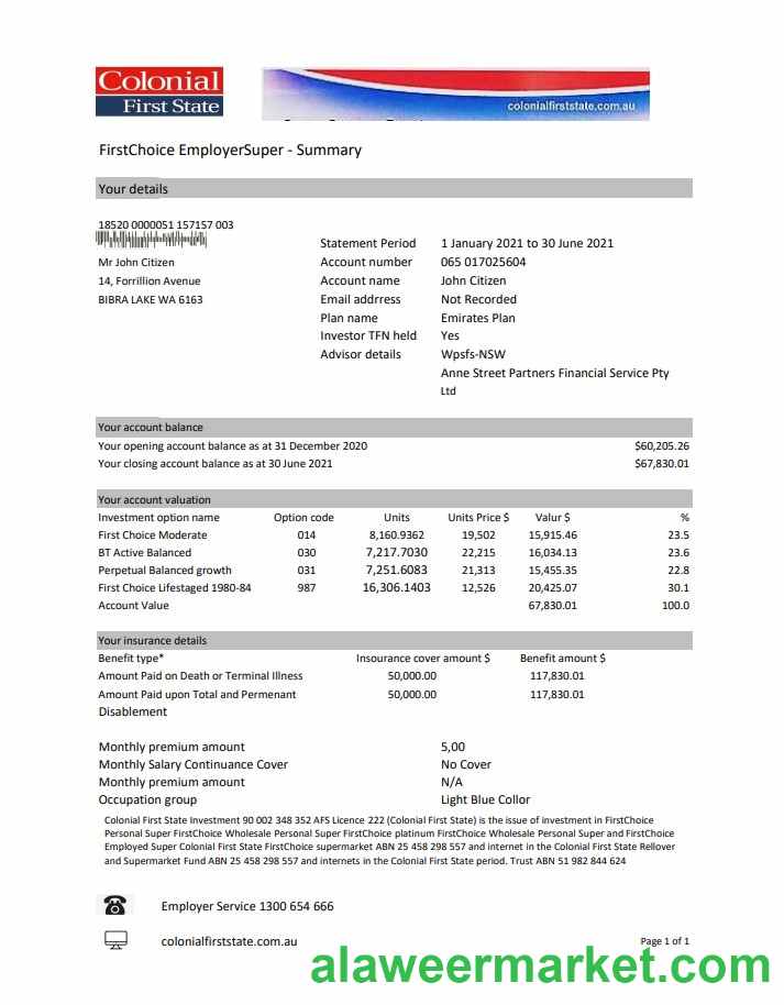 Australia Colonial First State Bank statement template in Excel and PDF format, fully editable